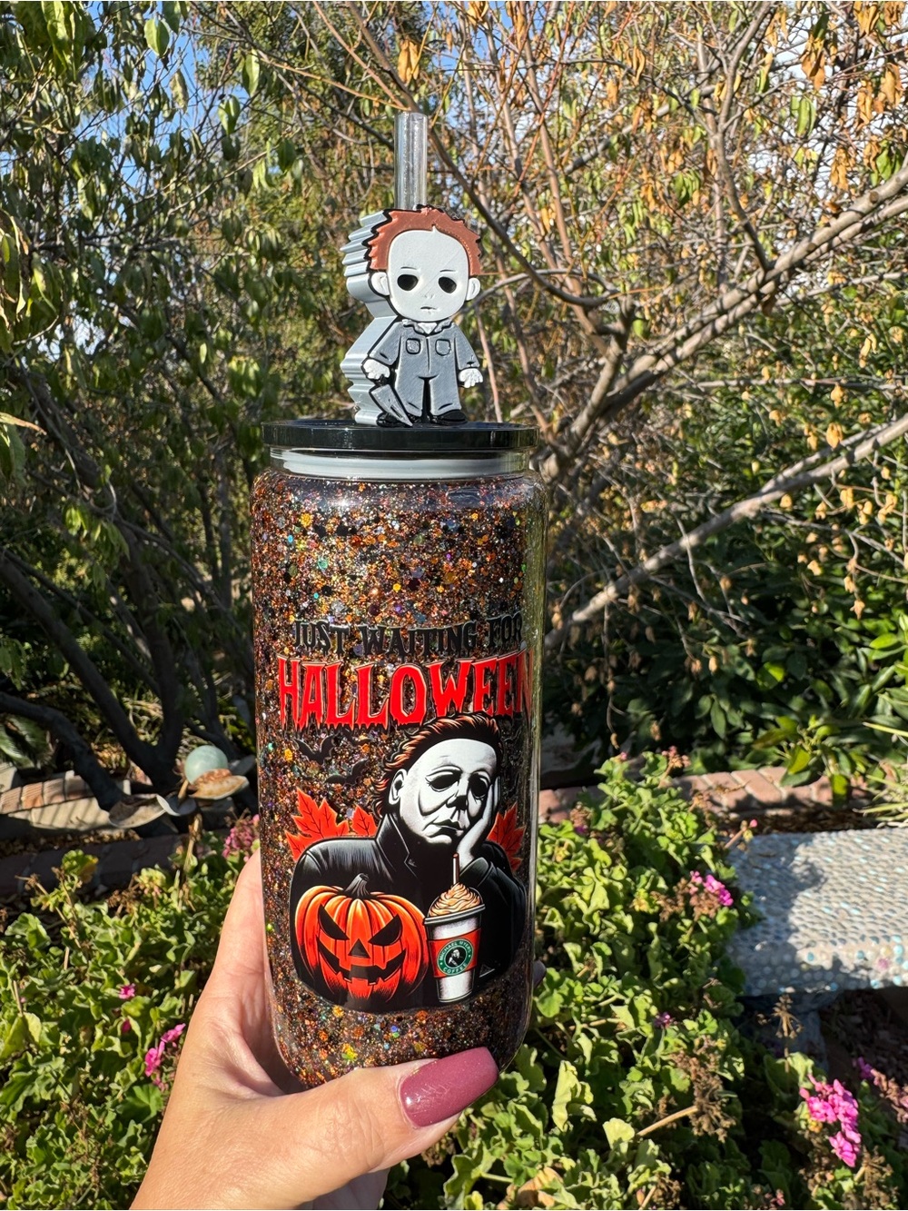 Michael Myers  Just waiting for Halloween Snow Globe Tumbler 20oz